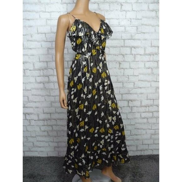 $448 Joie Kenny Black Floral Silk Metallic Stripe Ruffle Wrap Dress XS NWT - Picture 4 of 9